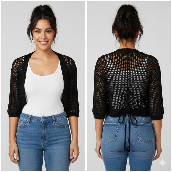 DKNY JEANS Women's Small Black Shrug Oversized Crochet Knit Cardigan Cover Up - Picture 1 of 4